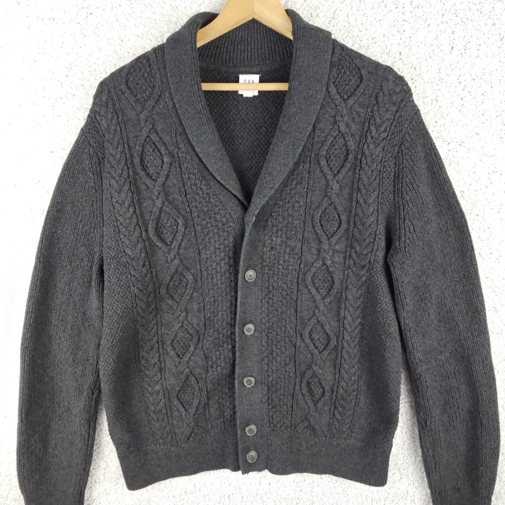Gap Ribbed Cable Knit Shawl Cardigan Sweater Mens Large Soft Black Front Pockets